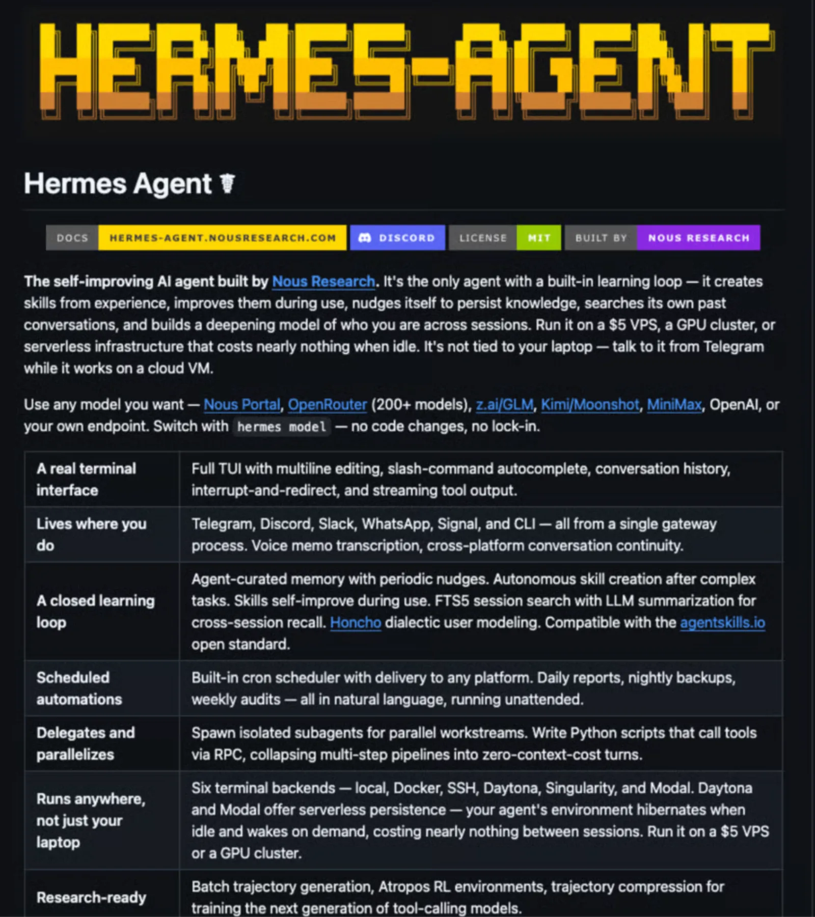 Hermes Agent — главный экран